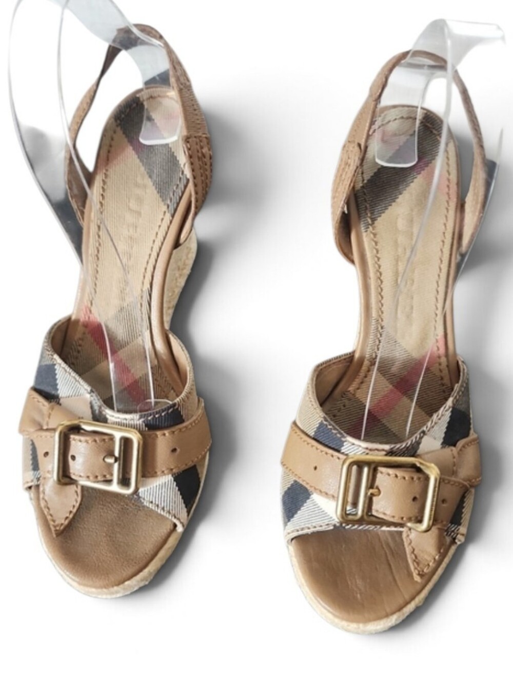 VTG Burberry Plaid Espadrille Wedge Sandals with Tan Leather Trim Sz 37.5